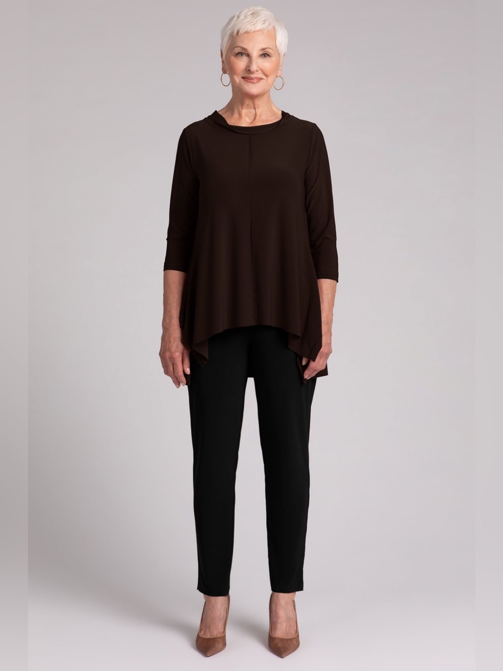 Sympli Flounce Top with Wide Funnel Collar 3/4 Sleeve Brown
